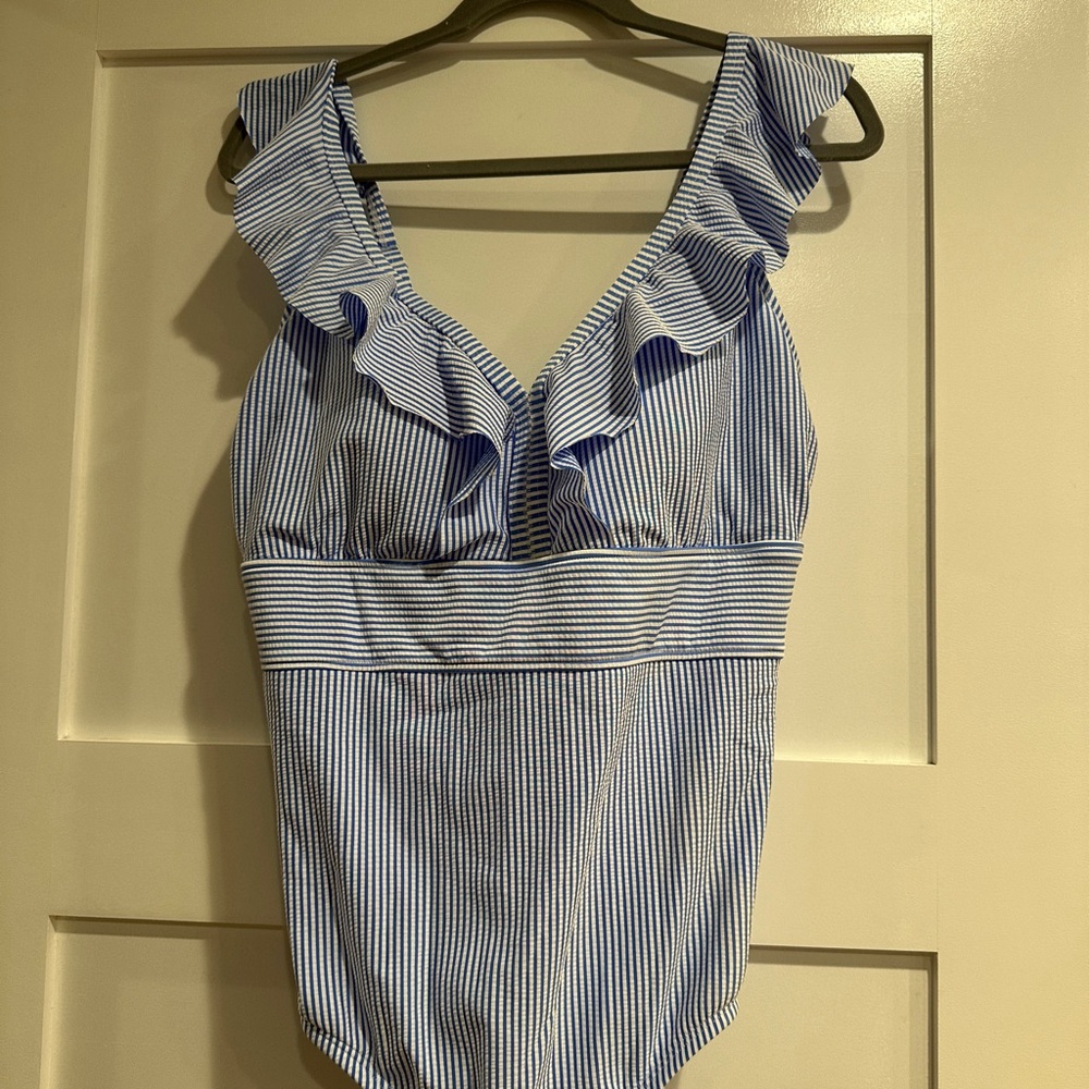 Blue and White Striped Ruffle Swimsuit